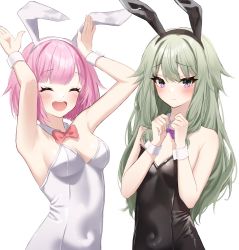Rule 34 | 2girls, :d, ^ ^, animal ears, armpits, black leotard, bow, bowtie, breasts, bunny day, character request, ciawasemono, closed eyes, closed mouth, covered navel, detached collar, embarrassed, fake animal ears, green hair, happy, highres, leotard, long hair, multiple girls, open mouth, pink hair, playboy bunny, project sekai, purple bow, purple bowtie, purple eyes, rabbit ears, rabbit pose, red bow, red bowtie, short hair, simple background, small breasts, smile, strapless, strapless leotard, very long hair, white background, white leotard, wrist cuffs