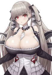 Rule 34 | 1girl, azur lane, bare shoulders, between breasts, breasts, cleavage, clothing cutout, detached collar, dress, flight deck, formidable (azur lane), frilled dress, frills, gothic lolita, grey hair, hair ribbon, highres, huge breasts, lolita fashion, long hair, neckwear between breasts, poorgom, red eyes, ribbon, shoulder cutout, simple background, solo, twintails, two-tone dress, two-tone ribbon, very long hair, white background, white neckwear