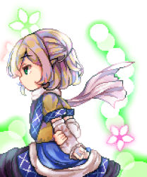 Rule 34 | 1girl, arm warmers, arms behind back, black skirt, blonde hair, brown shirt, commentary request, cowboy shot, flat chest, green eyes, half updo, highres, mizuhashi parsee, omochinegi, pixel art, profile, scarf, shirt, short hair, short sleeves, simple background, skirt, solo, touhou, undershirt, white background, white scarf