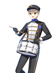 Rule 34 | 1boy, alternate hair color, band uniform, black eyes, black gloves, black headwear, black jacket, black pants, blonde hair, buttons, closers, collared jacket, cowboy shot, double-breasted, drumsticks, gloves, hat, high collar, highres, holding, holding drumsticks, jacket, leg up, long sleeves, looking at viewer, male focus, marching band, official art, open mouth, pants, seha lee, shako cap, short hair, single vertical stripe, snare drum, solo, standing, standing on one leg, uniform, white background