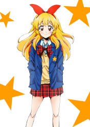 Rule 34 | 1girl, absurdres, aikatsu!, aikatsu! (series), blonde hair, blue jacket, blue shirt, bow, bow hairband, bowtie, closed mouth, collared shirt, dress shirt, floating hair, gaki rabbit, hair bow, hairband, hands in pockets, highres, hoshimiya ichigo, jacket, long hair, long sleeves, looking at viewer, miniskirt, open clothes, open jacket, plaid, plaid bow, plaid bowtie, plaid skirt, pleated skirt, red bow, red bowtie, red eyes, red hairband, red skirt, shirt, skirt, smile, solo, standing, star (symbol), starry background, sweater, white background, wing collar, yellow sweater