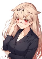 Rule 34 | 1girl, absurdres, alternate costume, black-framed eyewear, black ribbon, blonde hair, blush, breasts, collared shirt, commentary request, glasses, gradient hair, hair flaps, hair ornament, hair ribbon, hairclip, hand up, head tilt, highres, jacket, kantai collection, long hair, looking at viewer, medium breasts, multicolored hair, nyum, red-framed eyewear, red eyes, ribbon, semi-rimless eyewear, shirt, sidelocks, signature, simple background, smile, solo, twitter username, upper body, white background, white shirt, yuudachi (kancolle), yuudachi kai ni (kancolle)