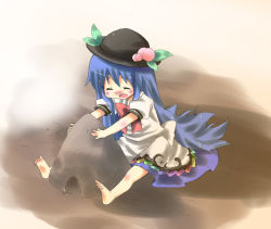 Rule 34 | 1girl, aged down, bad id, bad pixiv id, barefoot, blue hair, blush, bow, child, feet, female focus, food, fruit, happy, hat, hinanawi tenshi, long hair, peach, ribbon, sand, sand castle, sand sculpture, sitting, smile, solo, subachi, touhou