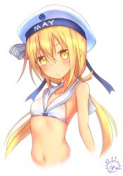 Rule 34 | alternate costume, beret, bikini, blonde hair, character name, clothes writing, cosplay, cropped torso, from side, hair between eyes, hat, highres, kanimiso (juutilainen77), kantai collection, long hair, sailor collar, satsuki (kancolle), signature, simple background, smiley face, solo, swimsuit, twintails, very long hair, white background, white bikini, white hat, yellow eyes, z3 max schultz (kancolle), z3 max schultz (kancolle) (cosplay)