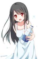 Rule 34 | 1girl, :d, arm behind back, bare shoulders, black hair, blush, bottle, dress, long hair, looking at viewer, open mouth, original, red eyes, simple background, smile, snowmi, solo, sundress, twitter username, very long hair