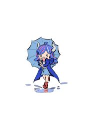 Rule 34 | 1girl, ahoge, blue hair, blue raincoat, blue skirt, chibi, closed eyes, collared shirt, covered mouth, curled horns, dinosaur girl, full body, holding, holding umbrella, horns, long hair, mask, mouth mask, multicolored hair, one piece, pink hair, pink mask, puddle, raine (acke2445), red footwear, shirt, skirt, solo, splashing, streaked hair, ulti (one piece), umbrella, white background, white shirt