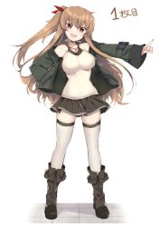 Rule 34 | 1girl, :d, black skirt, blush, boots, bow, breasts, brown hair, fang, full body, hair bow, haruyuki (yukichasoba), jacket, knee boots, large breasts, legs apart, long hair, looking at viewer, miniskirt, one side up, open clothes, open jacket, open mouth, original, purple eyes, red bow, sidelocks, skirt, smile, solo, standing, tank top, thighhighs, white thighhighs, zettai ryouiki