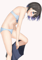 Rule 34 | 1girl, bare shoulders, black hair, blue bra, blue eyes, blue panties, blue skirt, bra, colored inner hair, commentary request, groin, highres, leg up, looking at viewer, miniskirt, mottsun (i 40y), multicolored hair, navel, open mouth, original, panties, pleated skirt, polka dot, polka dot bra, polka dot panties, short hair, simple background, skirt, solo, stomach, thighs, underwear, undressing, white background