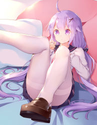 Rule 34 | 1girl, ahoge, azur lane, cardigan, chinese commentary, commentary request, hair ornament, highres, loafers, long hair, low twintails, lying, on back, pantyhose, pillow, pleated skirt, purple eyes, purple hair, sailor collar, school uniform, serafuku, shoes, skirt, solo, twintails, unicorn (long-awaited date) (azur lane), unicorn (azur lane), very long hair, white pantyhose, x hair ornament, zhao (pixiv12947327)