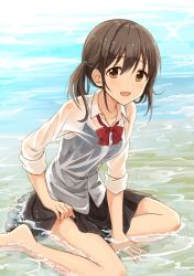 Rule 34 | 1girl, :d, barefoot, black hair, black skirt, bow, bowtie, brown eyes, character request, commentary, copyright request, looking at viewer, low twintails, mugi (banban53), one-piece swimsuit, open mouth, partially submerged, pleated skirt, school uniform, see-through, shirt, skirt, smile, solo, swimsuit, swimsuit under clothes, twintails, wet, wet clothes, white shirt