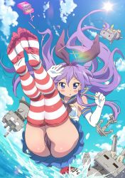 Rule 34 | 1girl, anchor, animal ears, artist request, ass, black panties, blue eyes, blue sky, blush, breasts, chestnut mouth, cleft of venus, cloud, cosplay, crossover, day, feet, food, highres, hiiragi kagami, kantai collection, long hair, lucky star, medium breasts, panties, pocky, purple hair, rabbit ears, rensouhou-chan, rensouhou-kun, shimakaze (kancolle), shimakaze (kancolle) (cosplay), sky, soles, sunlight, thighhighs, toes, underwear, water