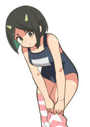 Rule 34 | 1girl, bad id, bad pixiv id, bare arms, bare shoulders, black hair, blue one-piece swimsuit, blush, closed mouth, collarbone, green eyes, highres, horns, loose socks, one-piece swimsuit, original, putting on legwear, school swimsuit, short hair, simple background, socks, solo, striped clothes, striped socks, surio, swimsuit, v-shaped eyebrows, white background