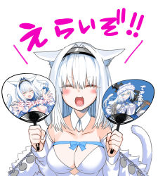 Rule 34 | animal ear fluff, argyle, blue bow, blue ribbon, bow, breasts, cape, capelet, cat girl, cat tail, cleavage, detached collar, dobrynya nikitich (fate), dobrynya nikitich (first ascension) (fate), dress, fangs, fate/grand order, fate (series), folding fan, framed breasts, fur-trimmed capelet, fur-trimmed headwear, fur trim, grey dress, hand fan, holding, holding fan, large breasts, low ponytail, open mouth, paper fan, rei no himo, ribbon, robina, short dress, smile, solo, tail, uchiwa, uchiwa (medium), white cape, white capelet