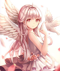 Rule 34 | 1girl, absurdres, bird, caron, dress, earrings, feathered wings, feathers, flower, highres, holding, holding feather, jewelry, long hair, looking at viewer, original, solo, white background, white dress, white wings, wings