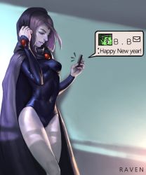 Rule 34 | 1girl, beast boy (dc), cellphone, character name, cloak, colored skin, dc comics, forehead jewel, grey skin, happy new year, highres, hood, hyun sung oh, leotard, new year, phone, purple hair, raven (dc), short hair, smile, solo, teen titans, text messaging