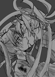 Rule 34 | 2girls, abyssal crane princess, abyssal ship, bare shoulders, commentary request, detached sleeves, earrings, closed eyes, floating hair, from side, gloves, grey background, greyscale, hair ornament, hair ribbon, hand on another&#039;s neck, highres, horns, japanese clothes, jewelry, kantai collection, kimono, kiss, long hair, monochrome, multiple girls, ribbed sweater, ribbon, sanpachishiki (gyokusai-jima), simple background, sweater, sweater vest, turtleneck, turtleneck sweater, twintails, upper body, yuri, zuikaku (kancolle)