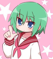 Rule 34 | 1girl, blue eyes, blush, closed mouth, collarbone, green hair, hand up, index finger raised, iwasaki minami, long sleeves, looking at viewer, lucky star, naga u, neckerchief, pink background, pink neckerchief, red sailor collar, ryouou school uniform, sailor collar, school uniform, serafuku, shirt, simple background, solo, star (symbol), starry background, upper body, white shirt