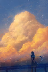 Rule 34 | 1girl, black shirt, black thighhighs, blouse, braid, braided ponytail, cloud, commentary request, floating hair, from behind, light particles, long hair, original, outdoors, own hands together, railing, sakimori (hououbds), scenery, school uniform, shirt, single braid, skirt, sky, solo, standing, thighhighs, very long hair, wind