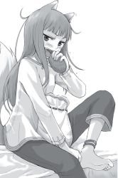 Rule 34 | 1girl, animal ears, anklet, ayakura juu, barefoot, bed sheet, bread, eating, feet, food, greyscale, holding, holding food, holo, jewelry, long hair, monochrome, novel illustration, official art, open mouth, pants, shirt, sitting, solo, spice and wolf, tail, very long hair, white background, wolf ears, wolf tail