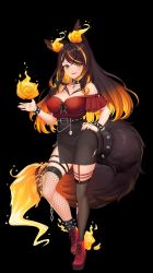 Rule 34 | 1girl, black background, black skirt, bracelet, breasts, brown hair, collar, commentary, english commentary, fire, full body, hand on own hip, highres, indie virtual youtuber, jewelry, large breasts, looking at viewer, multicolored hair, off-shoulder shirt, off shoulder, official art, open mouth, orange eyes, orange hair, red footwear, red shirt, shirt, sinder (vtuber), sinder (vtuber) (1st costume), siriuflong, skirt, smile, solo, spiked bracelet, spiked collar, spikes, streaked hair, tail, thigh strap, thighhighs, virtual youtuber, wolf girl, wolf tail