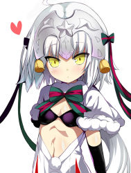 Rule 34 | 1girl, bell, bikini, bikini top only, black bikini, black gloves, blush, bow, capelet, closed mouth, dress, elbow gloves, fate/grand order, fate (series), fur-trimmed capelet, fur trim, gloves, green bow, hair bow, headpiece, heart, highres, jeanne d&#039;arc (fate), jeanne d&#039;arc alter santa lily (fate), long hair, looking at viewer, ribbon, shimejinameko, simple background, solo, striped bow, striped ribbon, swimsuit, tsurime, upper body, v-shaped eyebrows, very long hair, white background, white capelet, white dress, white hair, yellow eyes