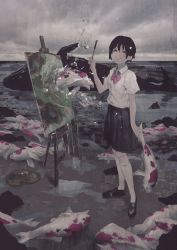Rule 34 | 1girl, absurdres, animal, black footwear, black hair, black skirt, bow, bowtie, brown eyes, canvas (object), collared shirt, commentary, dead animal, easel, english commentary, fish, full body, grey sky, hand up, highres, holding, holding animal, holding fish, holding paintbrush, kneehighs, koi, loafers, looking at viewer, neg (101neg), original, outdoors, paintbrush, palette (object), parted lips, pleated skirt, red bow, scenery, school uniform, shirt, shoes, short hair, short sleeves, skirt, sky, smile, socks, solo, standing, teeth, through medium, through painting, water, whale, white shirt, white socks