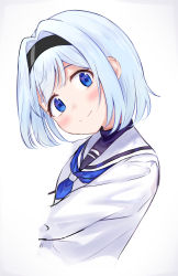 Rule 34 | 1girl, absurdres, auui, black hairband, blue eyes, blue neckwear, blush, commentary request, cropped torso, gradient background, grey background, hair intakes, hairband, head tilt, highres, looking at viewer, ryuuou no oshigoto!, sailor collar, school uniform, serafuku, shirt, short hair, silver hair, simple background, smile, solo, sora ginko, upper body, white background, white sailor collar, white shirt