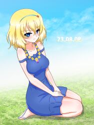 Rule 34 | 1girl, absurdres, blonde hair, blue dress, blue eyes, blue hairband, blue sky, blush, casual, closed mouth, cloud, cloudy sky, commentary, dated, day, dress, earlobe1514366, flower, flower necklace, from side, frown, girls und panzer, grass, hairband, hands on lap, highres, jewelry, kneeling, looking at viewer, medium dress, medium hair, messy hair, multi-strapped dress, necklace, oshida (girls und panzer), outdoors, sandals, sky, solo, sweatdrop, white footwear
