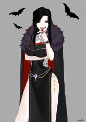Rule 34 | 1girl, absurdres, bat (animal), black dress, black hair, blood, blood on face, dress, grey background, hand up, highres, long hair, marie rose (overgeared), open mouth, overgeared, red eyes, simple background, smile, vampire, very long hair