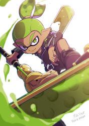 Rule 34 | 1boy, artist name, bike shorts, black footwear, blurry, blurry foreground, boots, closed mouth, commentary request, dark-skinned male, dark skin, dynamo roller (splatoon), green eyes, green hair, holding, holding weapon, ink tank (splatoon), inkling, inkling boy, inkling player character, inumaru akagi, jacket, leather, leather jacket, leg up, long sleeves, looking at viewer, male focus, nail polish, nintendo, pixiv id, pointy ears, rider-kun (splatoon), scrunchie, signature, smile, solo, splatoon (manga), splatoon (series), standing, standing on one leg, tentacle hair, topknot, v-shaped eyebrows, weapon
