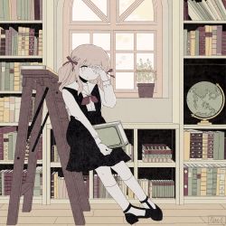 Rule 34 | 1girl, artist name, ascot, black footwear, blonde hair, book, book stack, bookshelf, covering one eye, full body, globe, high heels, highres, holding, holding book, indoors, ladder, leaning back, library, long hair, long sleeves, looking at viewer, no nose, noeru (noellemonade), original, parted lips, plant, potted plant, red ascot, solo, transparent, window