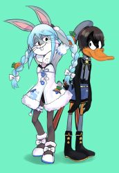 Rule 34 | 2boys, bare arms, bare shoulders, beret, black footwear, black hair, black leotard, blue hair, blue skirt, boots, bow, braid, buck teeth, bugs bunny, carrot, carrot hair ornament, closed mouth, cosplay, crossdressing, daffy duck, detached sleeves, don-chan (usada pekora), dress, food-themed hair ornament, green background, grey headwear, grey legwear, grey shirt, hair between eyes, hair bow, hair ornament, hat, highres, himuhino, hololive, leotard, long hair, looking at viewer, looney tunes, male focus, multicolored hair, multiple boys, oozora subaru, oozora subaru (work), oozora subaru (cosplay), pantyhose, puffy short sleeves, puffy sleeves, shadow, shirt, shoes, short eyebrows, short sleeves, skirt, sleeveless, sleeveless shirt, smile, standing, strapless, strapless dress, strapless leotard, teeth, thick eyebrows, thighhighs, trait connection, twin braids, twintails, two-tone hair, usada pekora, usada pekora (1st costume), usada pekora (cosplay), very long hair, virtual youtuber, white bow, white dress, white footwear, white hair, white sleeves