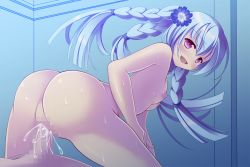 Rule 34 | 1boy, 1girl, :d, artist request, ass, blue hair, braid, censored, cineraria (flower knight girl), completely nude, cum, cum in pussy, flat chest, flower, flower knight girl, game cg, hair flower, hair ornament, hetero, light blue hair, long hair, looking back, mosaic censoring, multiple braids, nipples, nude, official art, open mouth, cum overflow, penis, purple eyes, quad braids, sex, shiny skin, smile, solo focus, sweat, vaginal