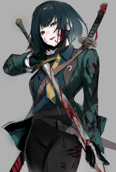 Rule 34 | 1girl, belt, black hair, blood, blood on clothes, blood on face, blood on hands, bloody weapon, blue shirt, brown belt, brown pants, chuhaibane, collared shirt, green jacket, grey background, highres, holding, holding sword, holding weapon, jacket, katana, limbus company, long sleeves, looking at viewer, necktie, pants, parted lips, project moon, red eyes, ryoshu (project moon), sheath, sheathed, shirt, short hair, simple background, solo, sword, weapon, yellow necktie