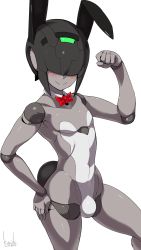 Rule 34 | 1boy, android, animal ears, artist name, blush, bow, bowtie, bulge, dated, detached collar, fake animal ears, hair over eyes, highres, joints, kuroino (0kuro8ino6), leotard, male focus, male playboy bunny, playboy bunny, rabbit ears, rabbit tail, robot joints, robot neoanthropinae polynian, shamrock (polynian), simple background, smile, solo, tail, trap, white background