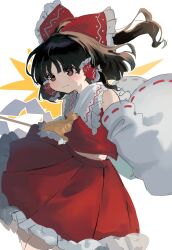 Rule 34 | 1girl, ascot, black eyes, black hair, bow, detached sleeves, frilled bow, frilled hair tubes, frills, gohei, hair bow, hair tubes, hakurei reimu, highres, ramochi, red bow, red skirt, ribbon-trimmed sleeves, ribbon trim, skirt, skirt set, solo, touhou, upper body, white background, yellow ascot