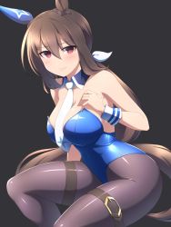 Rule 34 | 1girl, admire vega (umamusume), animal ears, black background, black pantyhose, blue leotard, bow, bowtie, breasts, brown hair, commentary request, detached collar, ear covers, feet out of frame, gradient background, highres, horse ears, horse girl, horse tail, large breasts, leotard, long hair, low ponytail, neckerchief, nontraditional playboy bunny, pantyhose, pataneet, playboy bunny, red eyes, single ear cover, sitting, solo, strapless, strapless leotard, tail, umamusume, white neckwear, wrist cuffs