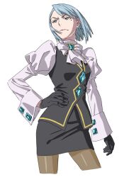 Rule 34 | 1girl, ace attorney, ascot, black gloves, black skirt, black vest, blue eyes, blue hair, breasts, brown pantyhose, closed mouth, cropped legs, earrings, franziska von karma, frown, furrowed brow, gloves, highres, jewelry, juliet sleeves, long sleeves, looking to the side, medium breasts, mole, mole under eye, nagasawa reiko (animator), pantyhose, pencil skirt, pink lips, puffy sleeves, shirt, short hair, simple background, skirt, solo, standing, vest, white background, white shirt