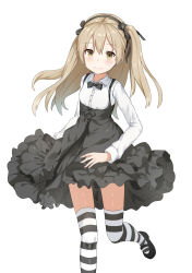 Rule 34 | 10s, 1girl, absurdres, black bow, black bowtie, black footwear, black ribbon, black skirt, black thighhighs, boko (girls und panzer), bow, bowtie, brown eyes, casual, closed mouth, collared shirt, girls und panzer, hair ribbon, high-waist skirt, highres, layered skirt, light brown hair, long hair, long sleeves, looking at viewer, mary janes, meme attire, ribbon, shimada arisu, shirt, shoes, side ponytail, simple background, skirt, smile, solo, standing, standing on one leg, striped clothes, striped thighhighs, suspender skirt, suspenders, thighhighs, unscpro, virgin killer outfit, white background, white shirt