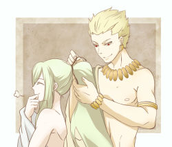 Rule 34 | 2boys, adjusting hair, androgynous, bad id, bad pixiv id, blonde hair, earrings, enkidu (fate), closed eyes, fate/stay night, fate/strange fake, fate (series), gilgamesh (fate), green hair, highres, jewelry, long hair, male focus, multiple boys, necklace, official alternate costume, ponytail, red eyes, short hair, smile, topless male, trap
