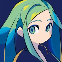Rule 34 | 1girl, blue background, blue hair, blue jacket, blue pupils, bright pupils, close-up, closed mouth, copyright request, frown, green eyes, green hair, highres, jacket, kunagisa tomo, long hair, multicolored hair, reiesu (reis), signature, simple background, solo, zaregoto series
