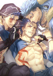 Rule 34 | 3boys, black gloves, blue hair, bracelet, chest tattoo, closed eyes, crescent, crescent necklace, cu chulainn (caster) (fate), cu chulainn (fate), cu chulainn (fate/stay night), cu chulainn (second ascension) (fate), cu chulainn alter (fate), earrings, facial tattoo, facing another, fate/grand order, fate (series), fingerless gloves, gloves, grin, hair strand, highres, hood, igote, jewelry, long hair, looking at another, looking at viewer, male focus, mondi hl, multiple boys, necklace, nipple slip, nipples, red eyes, sharp teeth, smile, tattoo, teeth, twitter username