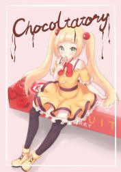 Rule 34 | 1girl, aikatsu! (series), aikatsu friends!, arm support, blonde hair, blouse, blunt bangs, blush, boots, border, bow, bowtie, bra strap, chocolate, chocomoch, dress, eating, english text, engrish text, food, frilled dress, frills, full body, green eyes, hair bobbles, hair ornament, highres, hinata ema (aikatsu friends!), kitkat, knees apart feet together, looking at viewer, loose bowtie, off-shoulder blouse, off shoulder, outside border, pink background, ranguage, shirt, short sleeves, sidelocks, simple background, sitting on food, skirt, solo, twintails, white border