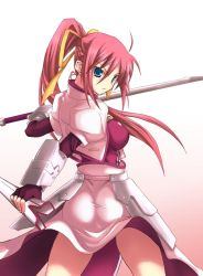 Rule 34 | 00s, 1girl, ahoge, arm guards, armor, ass, blue eyes, breasts, cropped jacket, fingerless gloves, floating hair, gloves, hair ribbon, jacket, laevatein (nanoha), long hair, looking at viewer, looking back, lyrical nanoha, magical girl, mahou shoujo lyrical nanoha, mahou shoujo lyrical nanoha a&#039;s, open clothes, open jacket, pink hair, ponytail, red hair, ribbon, scabbard, serious, sheath, signum, skin tight, soba (saz), solo, sword, very long hair, waist cape, weapon, whip sword