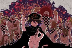 Rule 34 | 3girls, 6+boys, afro, arm up, arms up, black cape, black hair, blonde hair, braid, breasts, brown hair, cape, checkered clothes, checkered floor, checkered scarf, cleavage, clenched hand, clown mask, commentary, cowboy shot, curry, curry rice, danganronpa (series), danganronpa v3: killing harmony, dice members (danganronpa), double v, drill hair, fat, fat man, food, furukawa (yomawari), hair between eyes, hand in pocket, hand up, hat, highres, holding, holding plate, large breasts, long hair, long sleeves, male focus, mask, multiple boys, multiple girls, oma kokichi, pants, plate, purple eyes, purple hair, red hair, rice, scarf, short hair, smile, straitjacket, twin drills, v, white pants