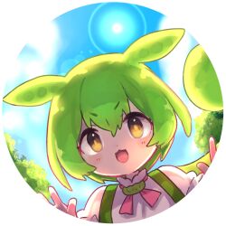 Rule 34 | 1girl, :3, cloud, commentary, day, green hair, green suspenders, hair between eyes, looking at viewer, looking down, open mouth, outdoors, shirt, sidelocks, sky, solo, suguodoru, sun, sun glare, tree, v-shaped eyebrows, voicevox, white shirt, yellow eyes, zundamon