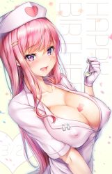 Rule 34 | 1girl, arrow (symbol), breasts, cheriina, cleavage, collarbone, condom, covered erect nipples, gloves, hair ornament, hairclip, hand up, happy birthday, hat, heart, heart in eye, highres, holding, holding condom, large breasts, long hair, looking at viewer, nurse, nurse cap, open mouth, original, pink gloves, pink hair, pink hat, purple eyes, see-through, smile, solo, symbol in eye, upper body, used condom
