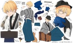 Rule 34 | 1boy, ahoge, animal, blonde hair, blue scarf, cat, closed mouth, commentary request, closed eyes, full body, hair between eyes, half-closed eyes, hat, highres, hirai yuzuki, kanda shouichi, looking at viewer, male focus, monocle, multiple views, nijisanji, one eye closed, open mouth, character sheet, scarf, short hair, simple background, sitting, socks, standing, virtual youtuber, white background