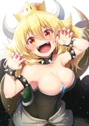 Rule 34 | 1girl, armlet, bare shoulders, black dress, blonde hair, blush, bowsette, bracelet, breasts, claw pose, cleavage, collar, collarbone, covered navel, dress, fangs, horns, jewelry, large breasts, looking at viewer, mario (series), matokechi, new super mario bros. u deluxe, nintendo, open mouth, orange eyes, shell, solo, spiked armlet, spiked bracelet, spiked collar, spiked tail, spikes, strapless, strapless dress, super crown, tail, upper body, v-shaped eyebrows