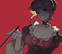 Rule 34 | 1girl, beatrice (umineko), black choker, black dress, blue eyes, blunt bangs, bow, bowtie, breasts, bright pupils, brown hair, chinese commentary, choker, cleavage, collarbone, commentary request, crazy eyes, crazy grin, dress, flower, frilled choker, frills, grin, hair bun, hair flower, hair ornament, hand up, highres, holding, holding smoking pipe, juliet sleeves, large breasts, lilith-lily, long sleeves, looking at viewer, medium breasts, puffy sleeves, red background, red bow, red bowtie, short hair, simple background, single hair bun, smile, smoking pipe, solo, striped clothes, striped dress, umineko no naku koro ni, upper body, vertical-striped clothes, vertical-striped dress, white pupils